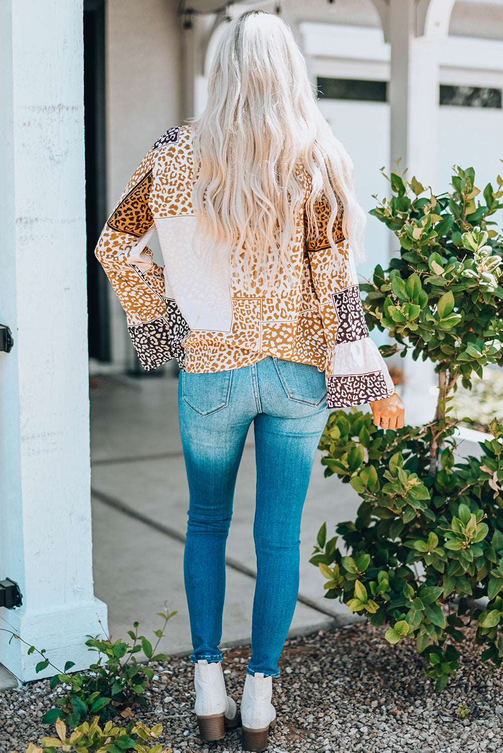 Leopard Patchwork Tied Flare Sleeve Blouse