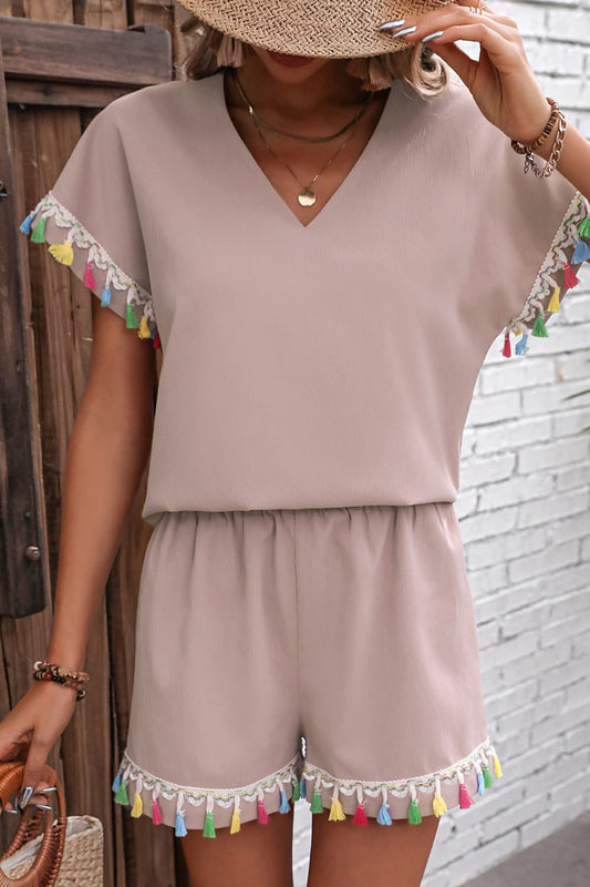 V-Neck Tassel Decor Top and Shorts Set