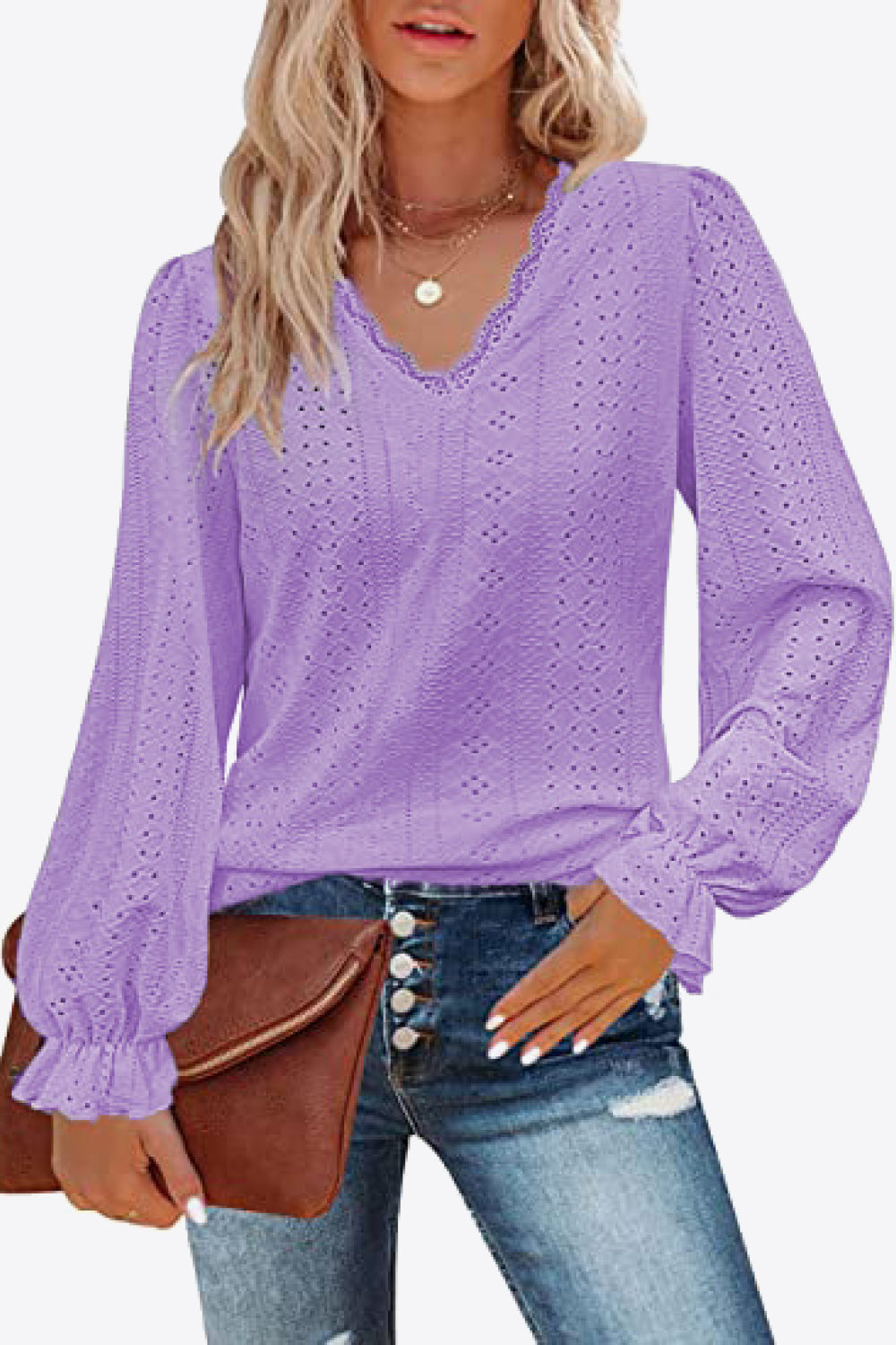 Eyelet V-Neck Flounce Sleeve Blouse