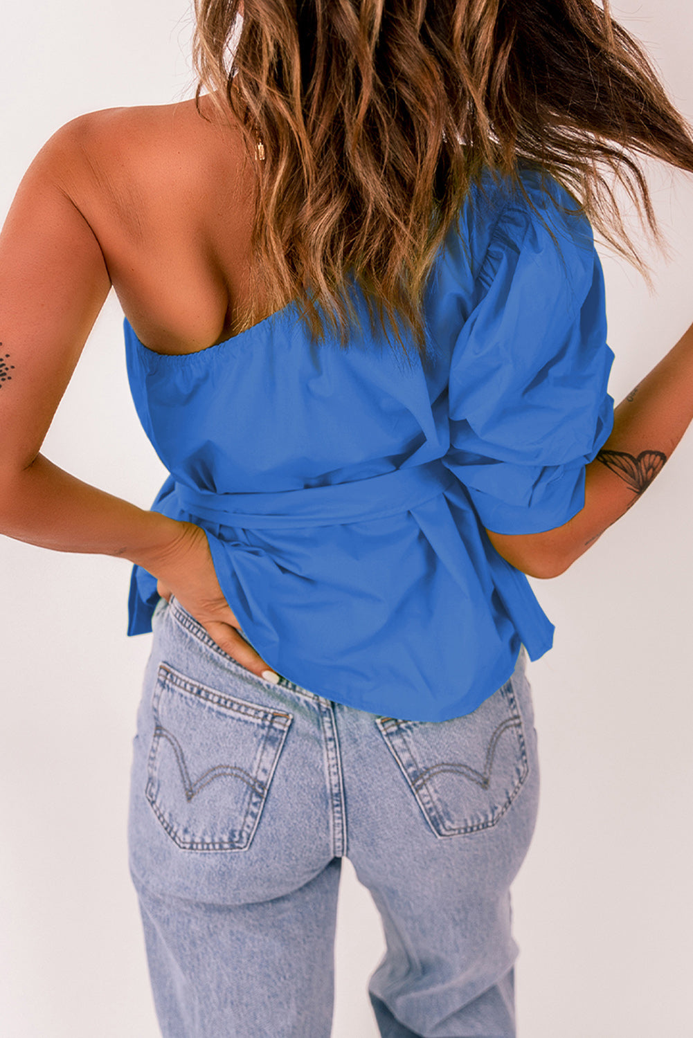 Tied Puff Sleeve One-Shoulder Top