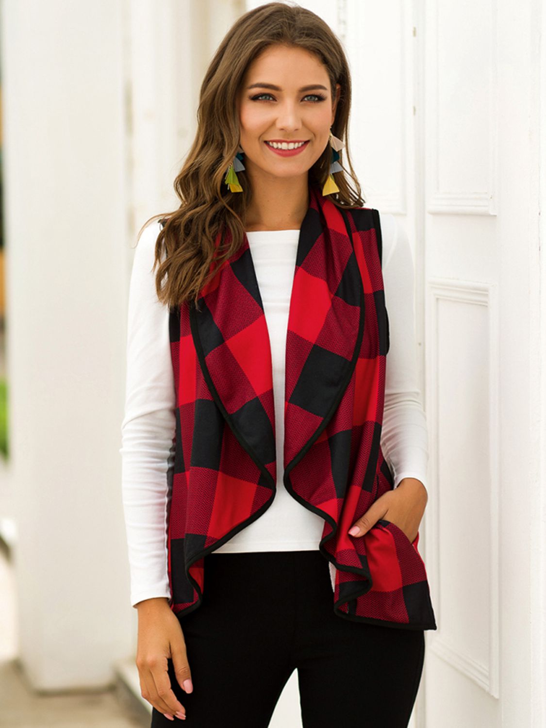 Plaid Open Front Sleeveless Cardigan