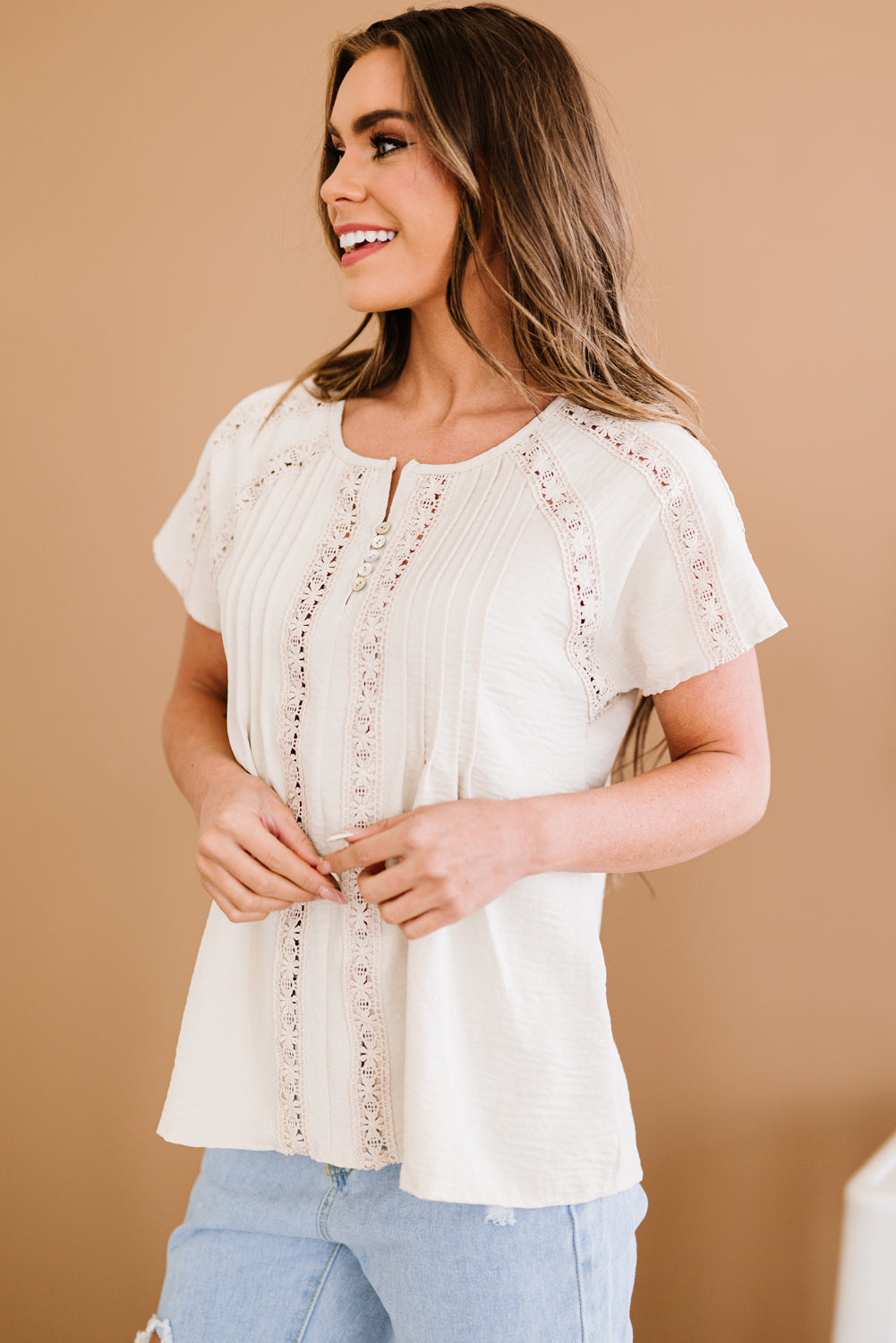 Crochet Eyelet Buttoned Short Sleeves Top