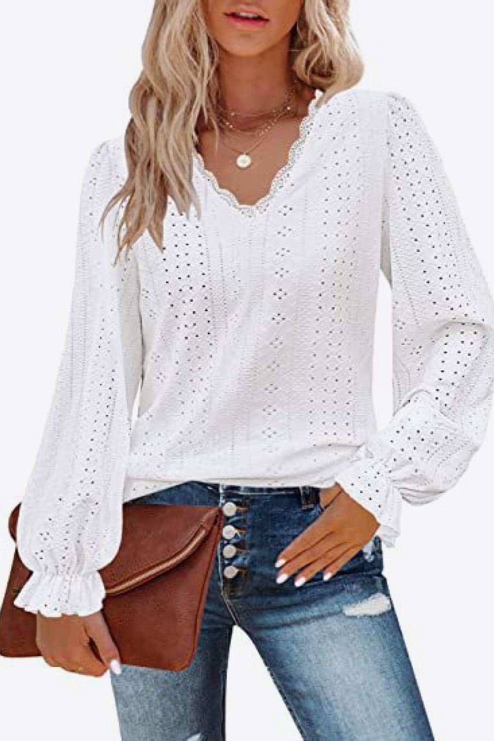 Eyelet V-Neck Flounce Sleeve Blouse