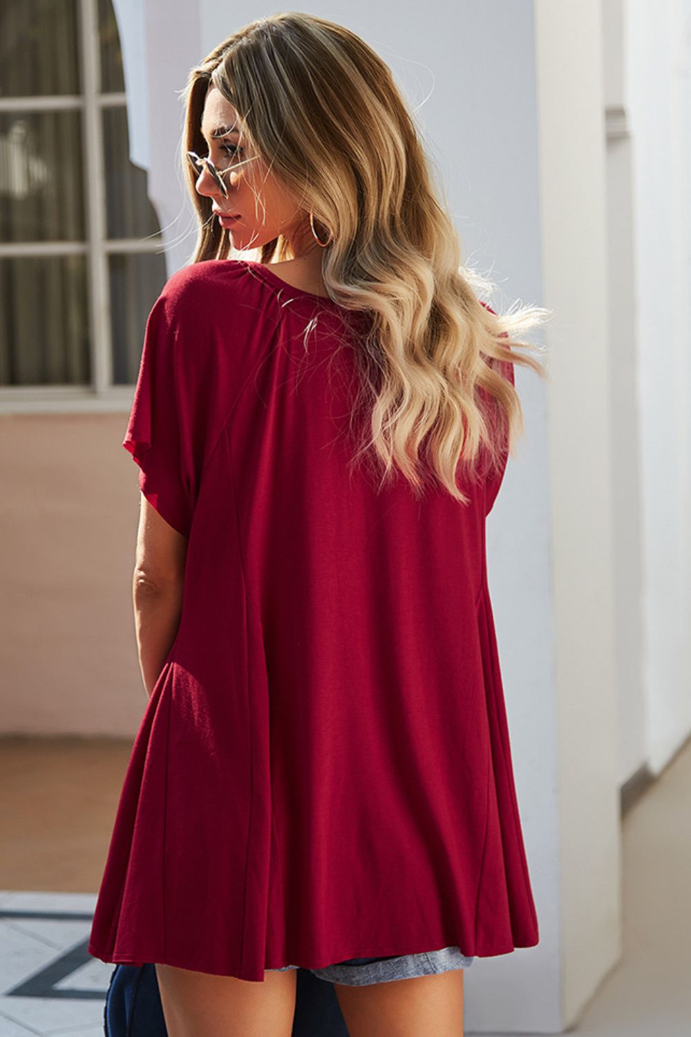 Quarter-Button Round Neck Puff Sleeve Top