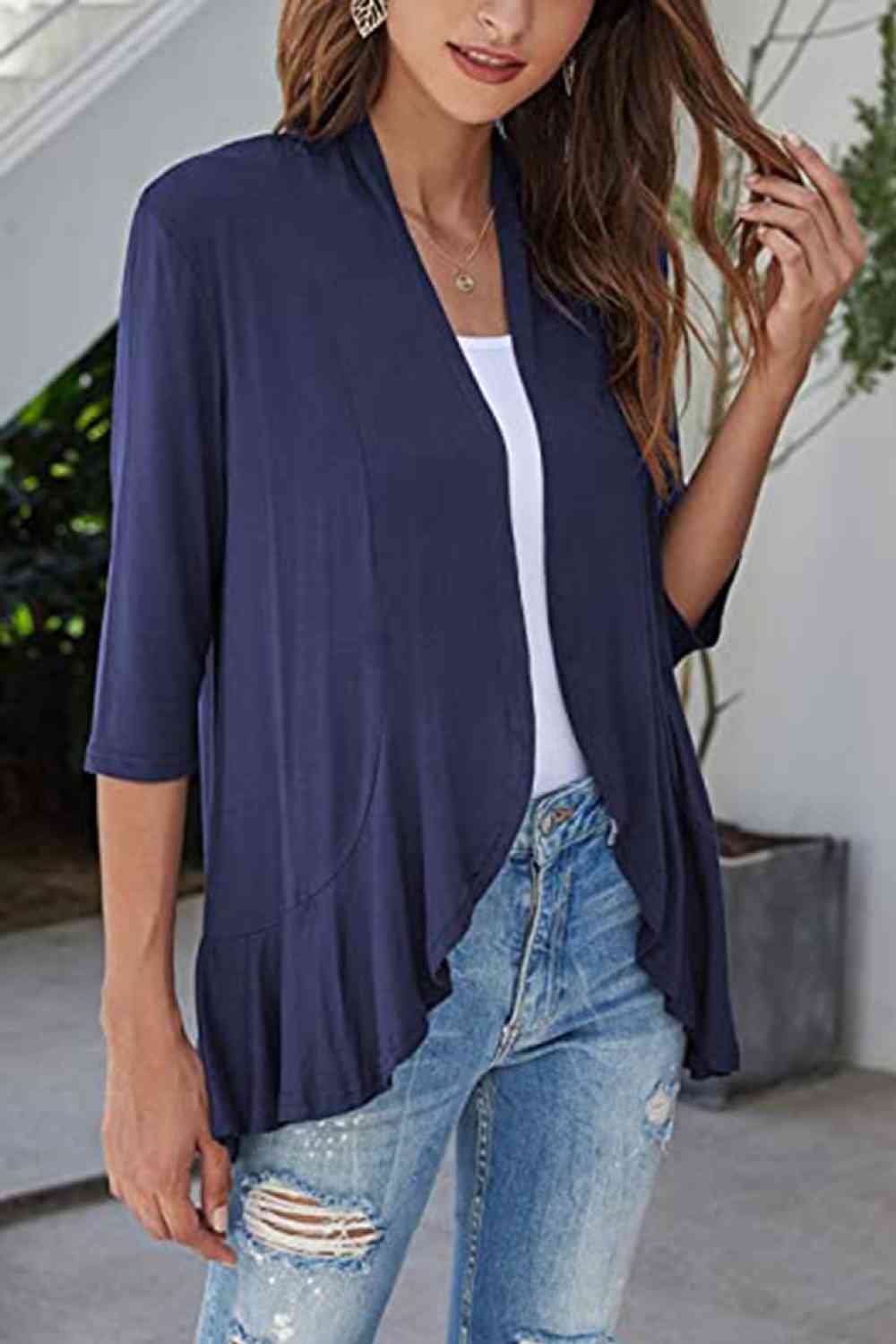 Open Front Ruffle Trim Cardigan