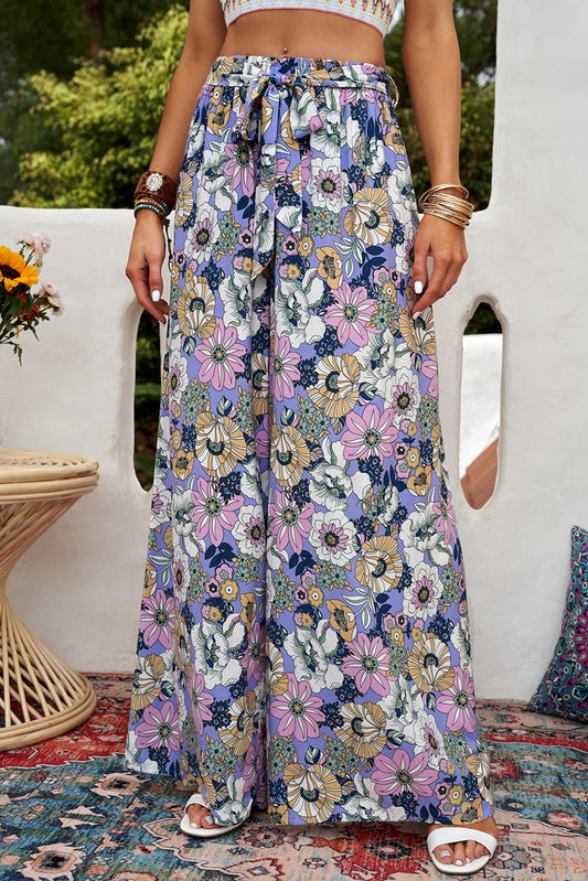 Floral Tie Belt Wide Leg Pants