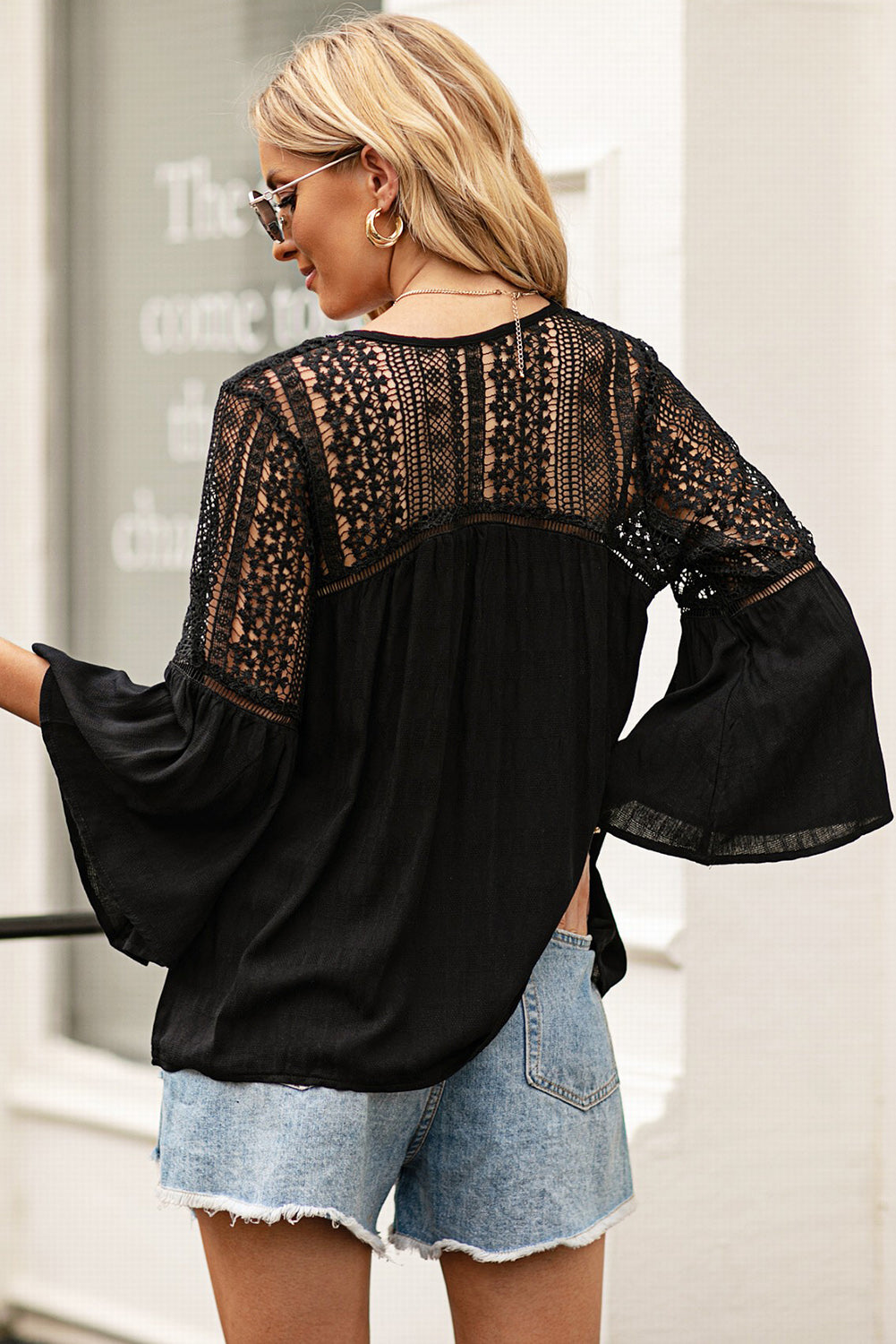 Flare Sleeve Spliced Lace V-Neck Shirt