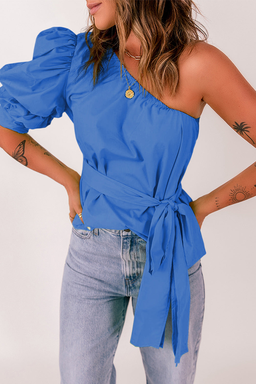 Tied Puff Sleeve One-Shoulder Top