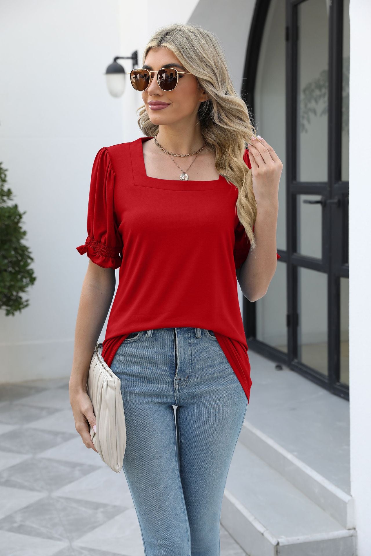 Square Neck Flounce Sleeve Top