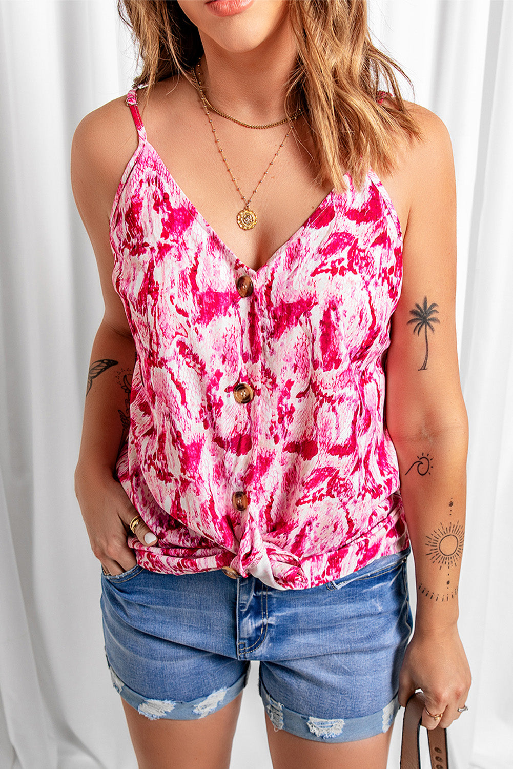 Printed Button Down Spaghetti Strap Top