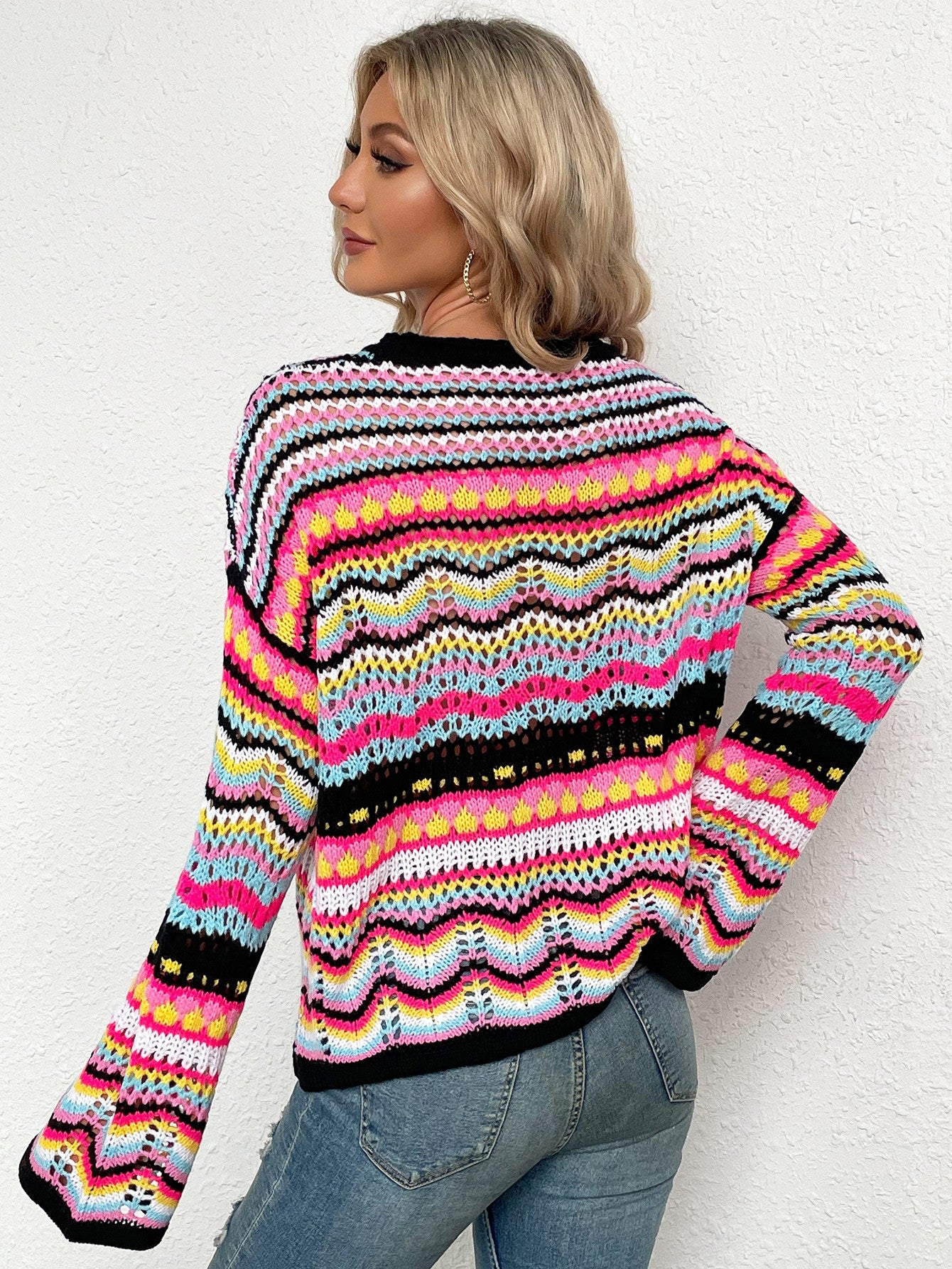 Rainbow Stripe Openwork Flare Sleeve Knit Top