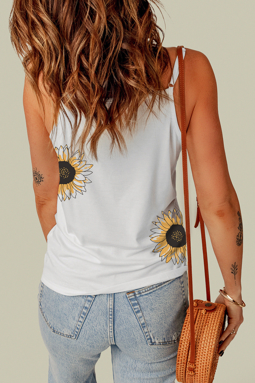 Sunflower Print Lace Trim Plunge Cami