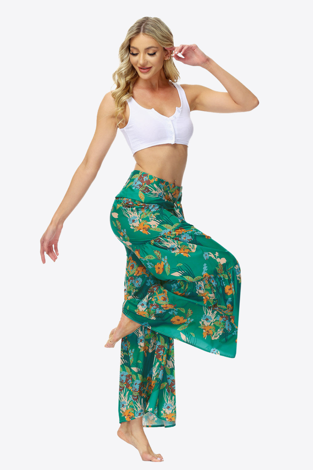 Floral Tie-Waist Tiered Culottes