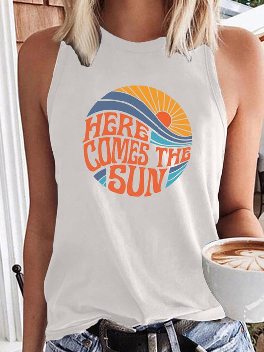 Here Comes The Sun Printed Funny Sleeveless Round Neck Top