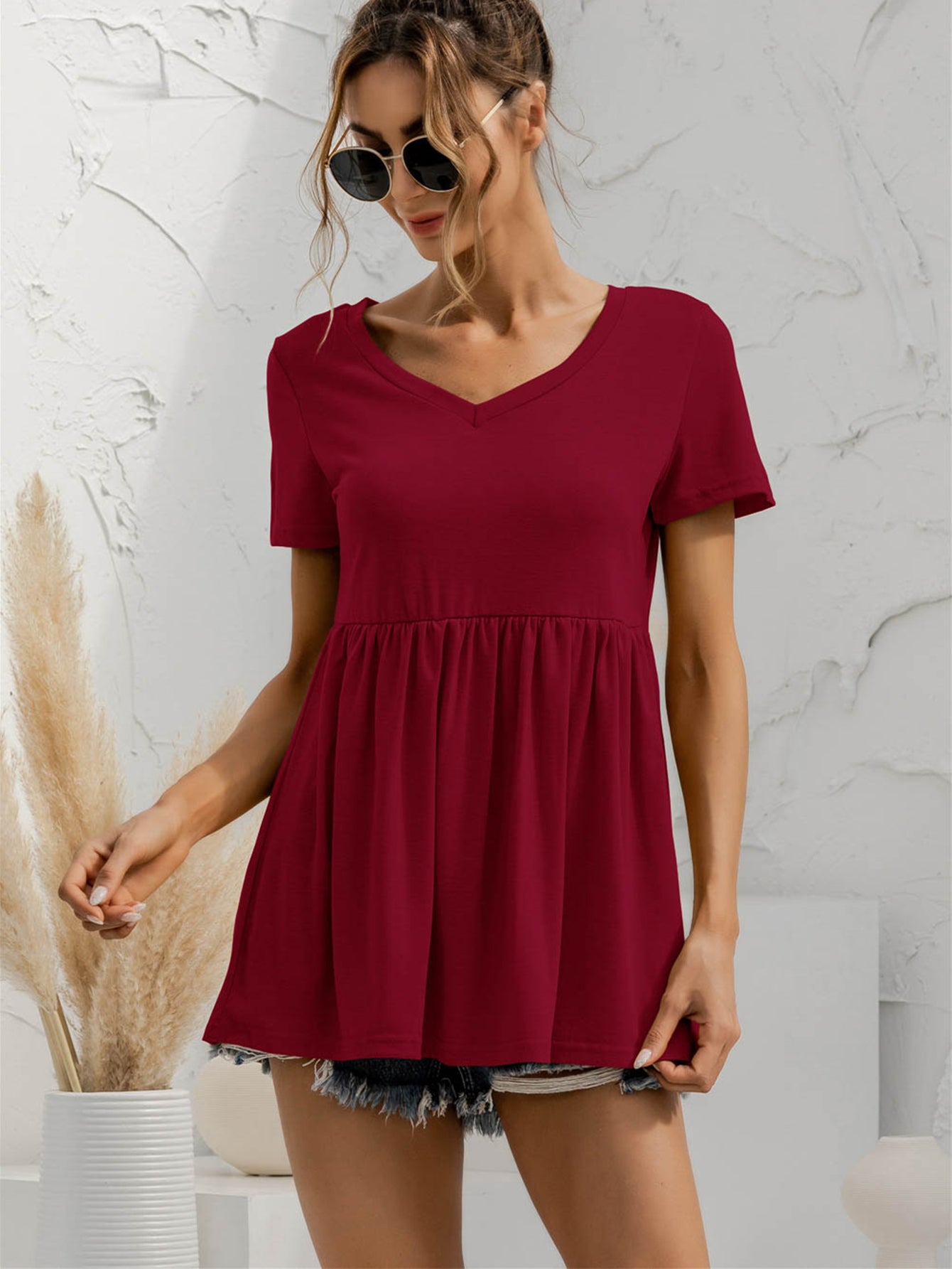 V-Neck Short Sleeve Babydoll Top