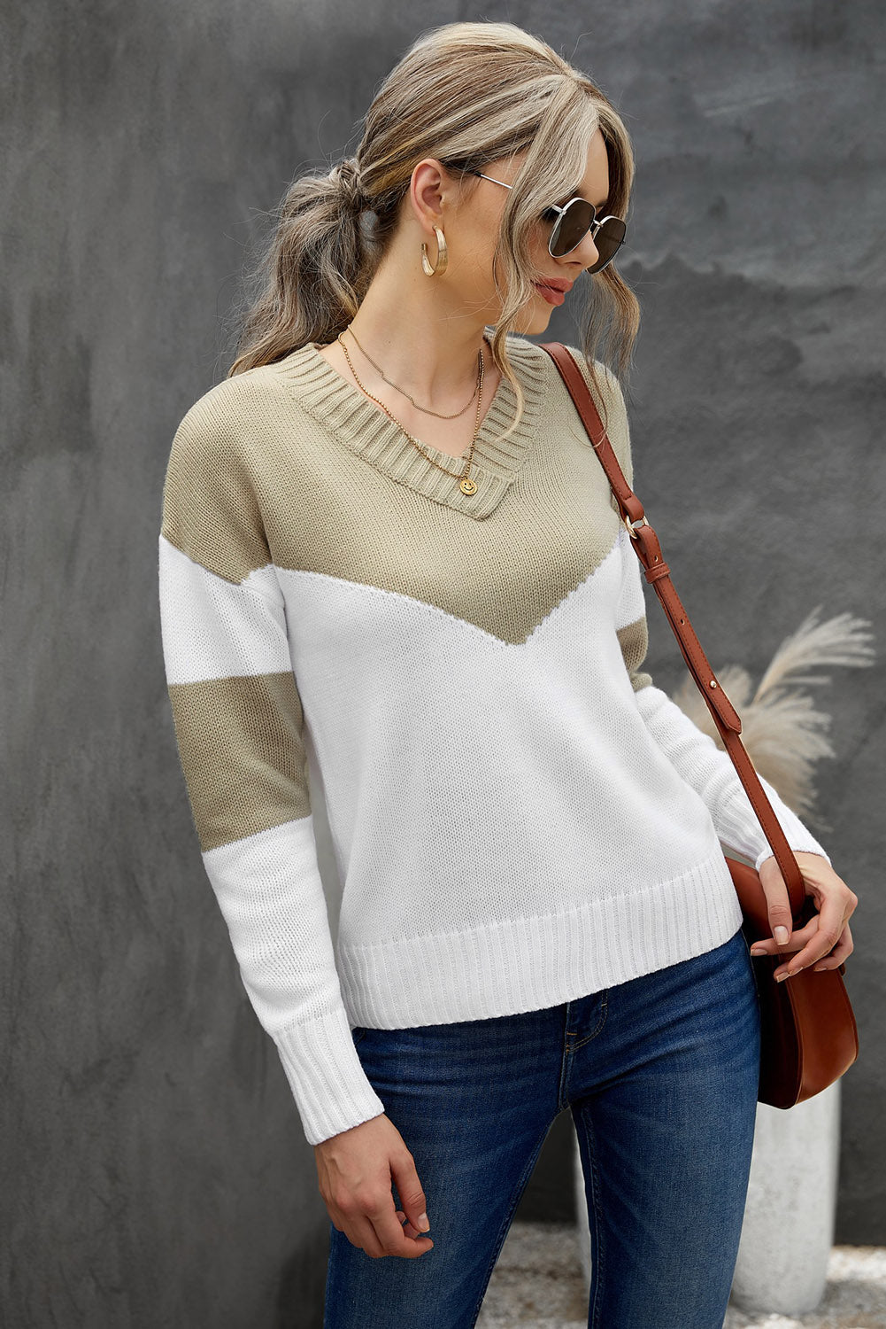 Chevron Color Block V-Neck Dropped Shoulder Sweater