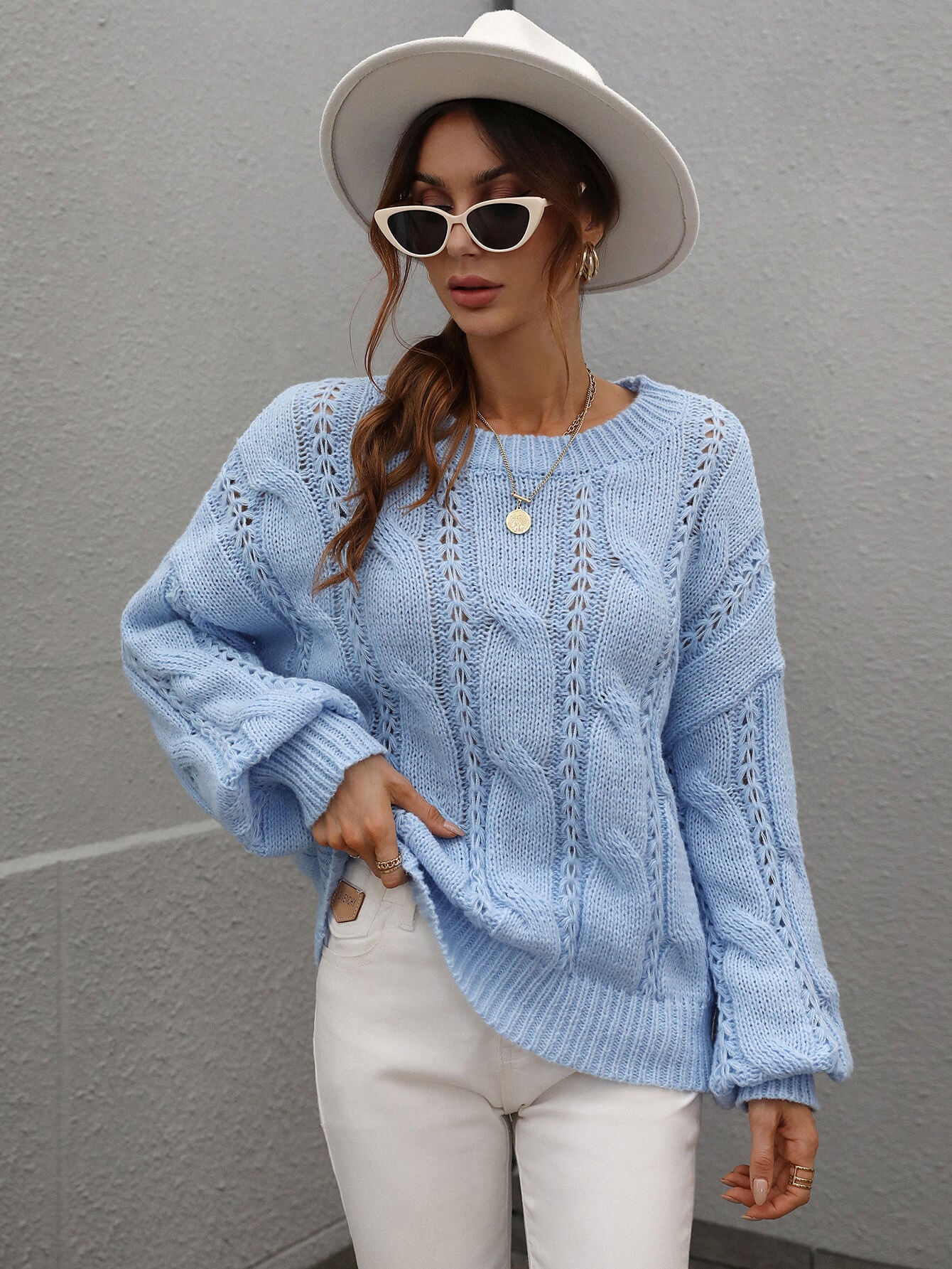 Cable-Knit Openwork Round Neck Sweater