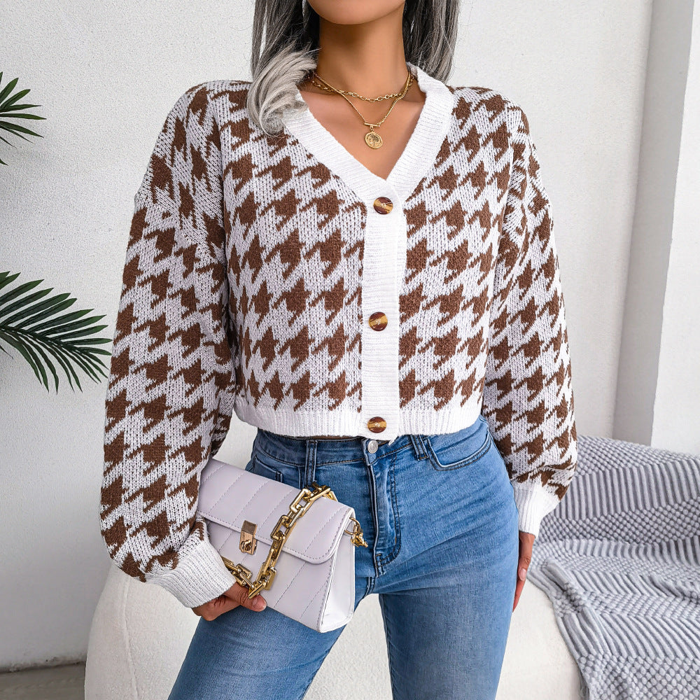 Houndstooth V-Neck Dropped Shoulder Cropped Cardigan