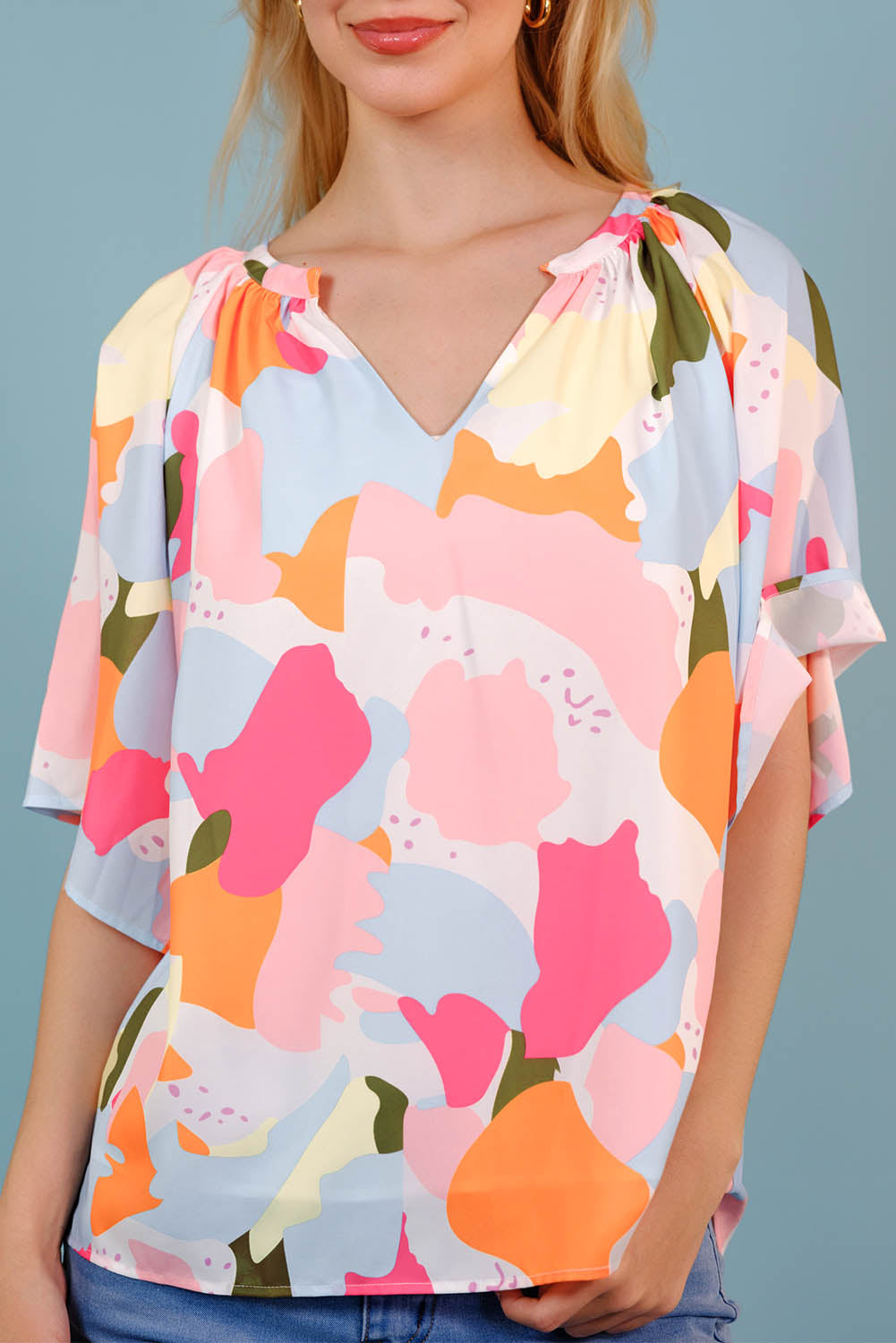 Printed Notched Neck Half Sleeve Blouse