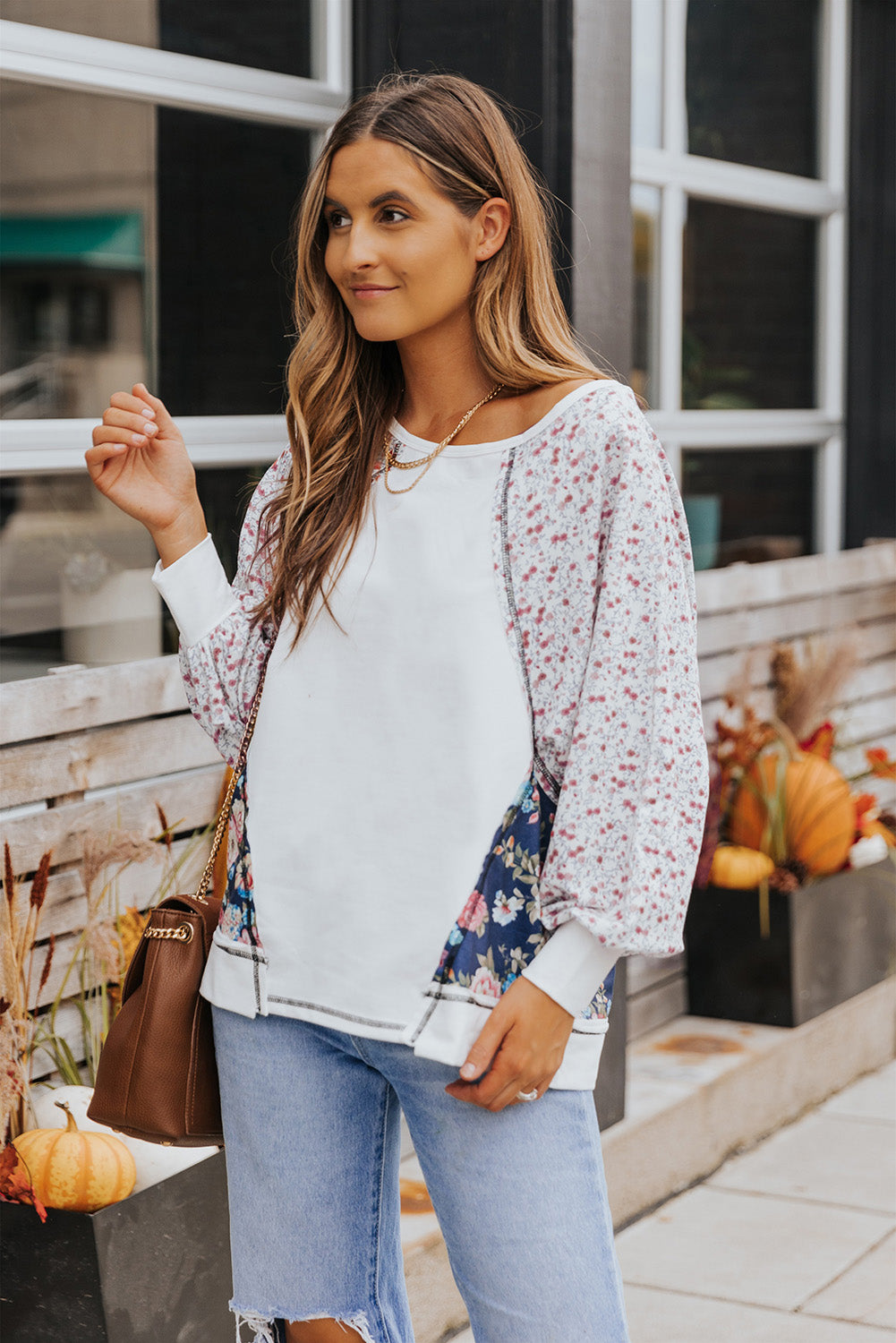 Floral Lantern Sleeve Round Neck Top