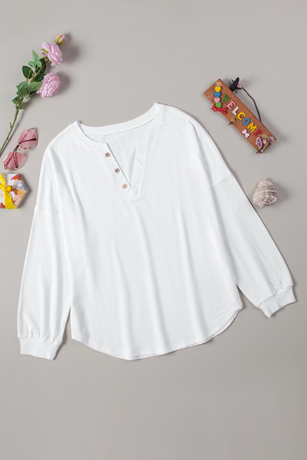 Button Detail Curved Hem Top