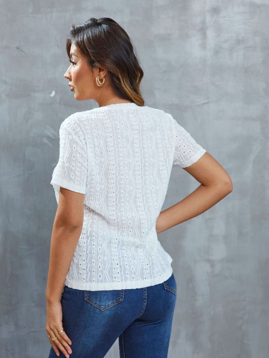 Openwork Short Sleeve Round Neck Top