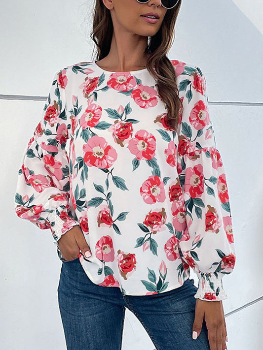 Floral Long Puff Sleeve Round Neck Blouse