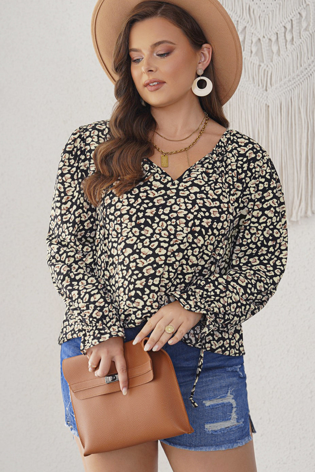 Plus Size Floral Flounce Sleeve Tie-Neck Blouse