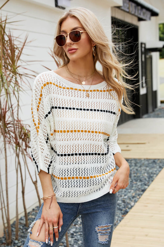 Striped Openwork Three-Quarter Sleeve Knit Top