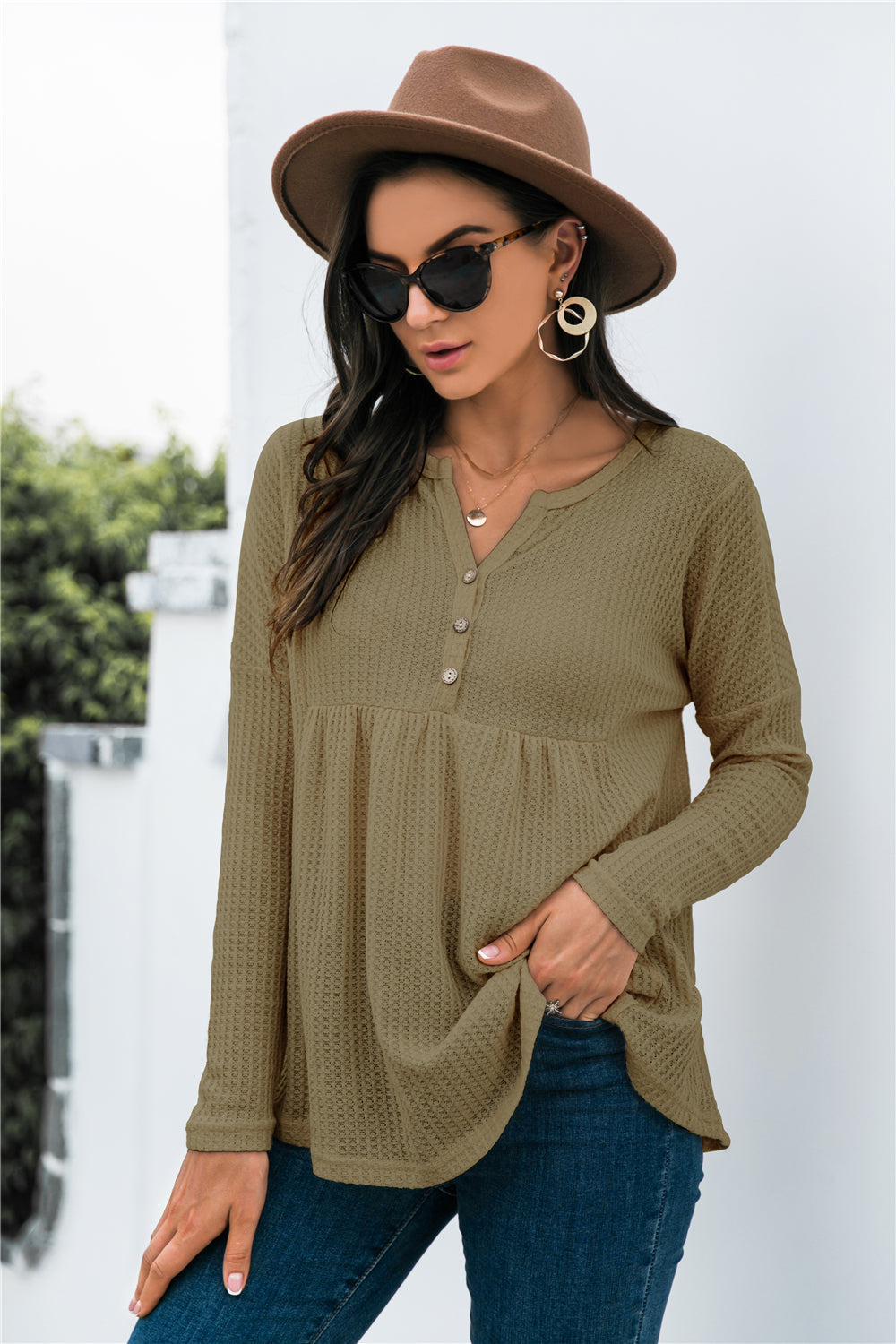 Button Front Waffle Knit Babydoll Top