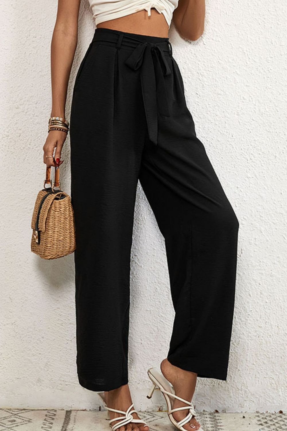 Belted Pleated Waist Wide Leg Pants