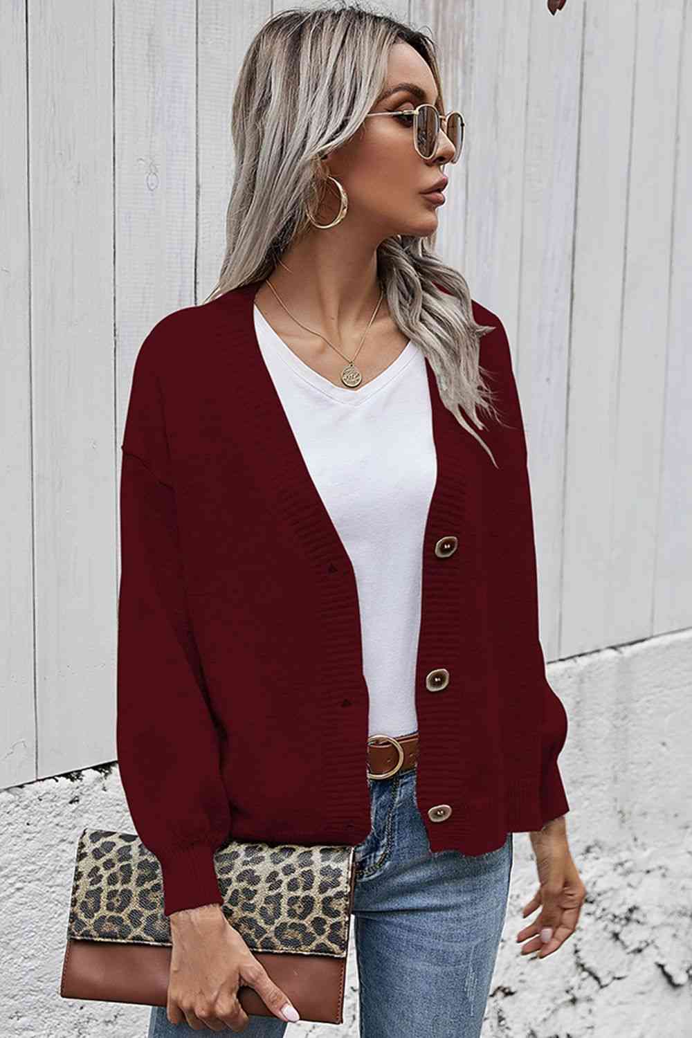 V-Neck Button-Down Dropped Shoulder Cardigan