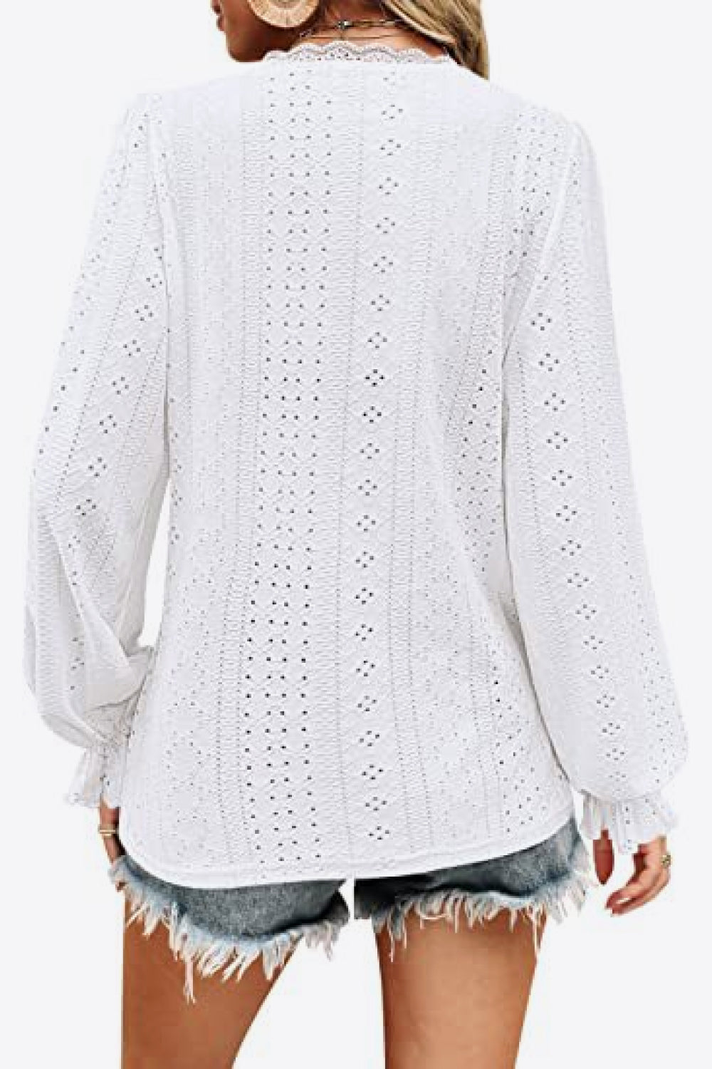 Eyelet V-Neck Flounce Sleeve Blouse