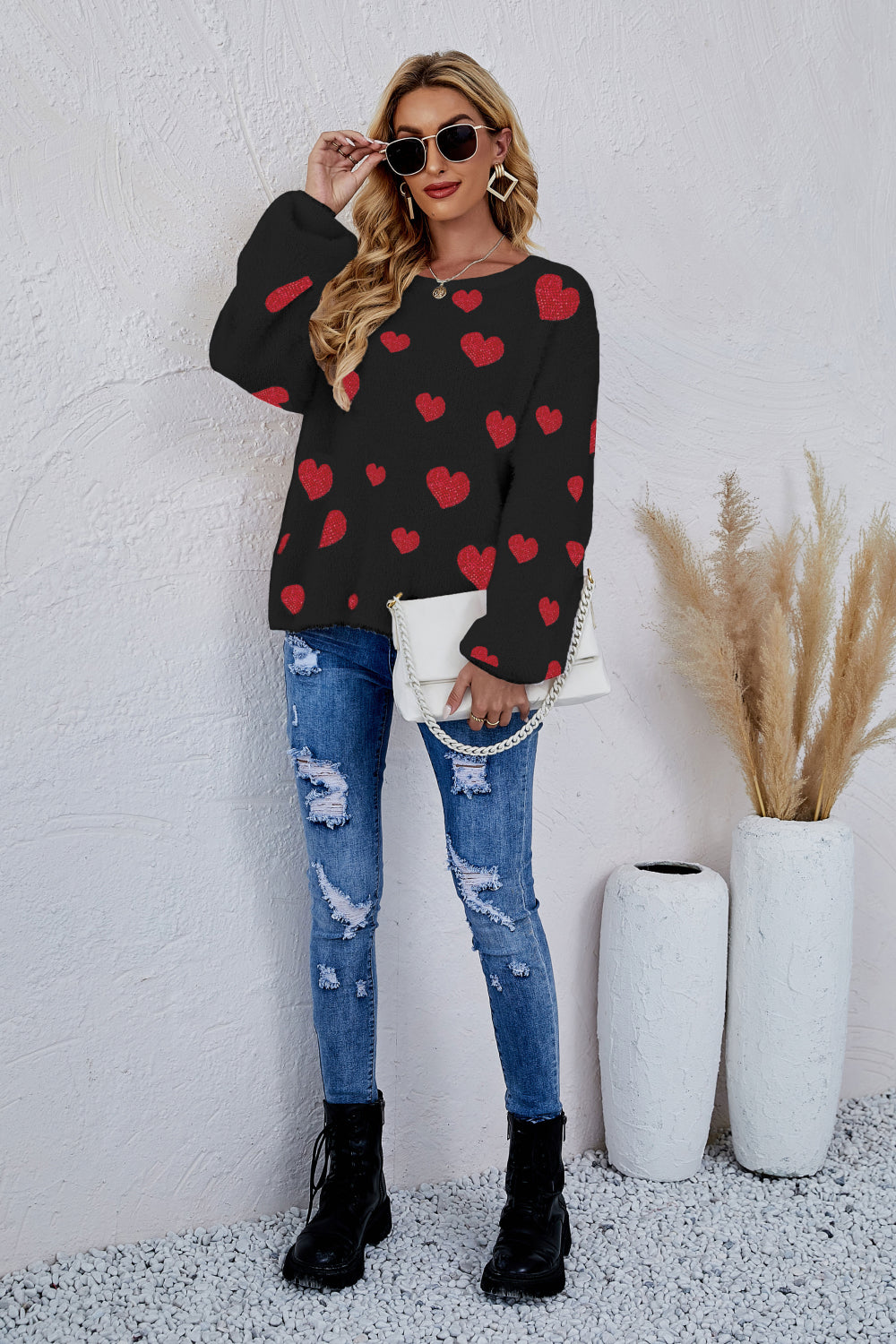 Heart Print Fuzzy Crewneck Long Sleeve Sweater